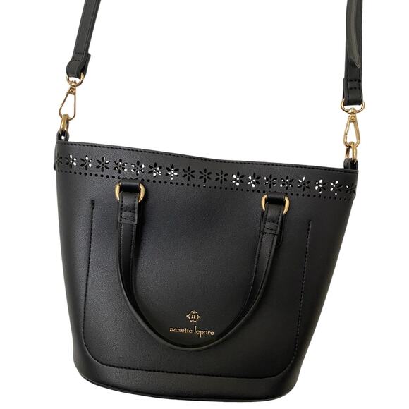 Nanette Lepore Handbags - Black Satchel Bag By Nanette Lepore with Laser Flower Cut Out-Crossbody/Shoulder